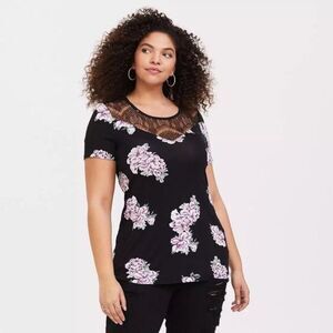 Torrid Super Soft Crew Neck Lace Yoke Top Black Floral Size 2X